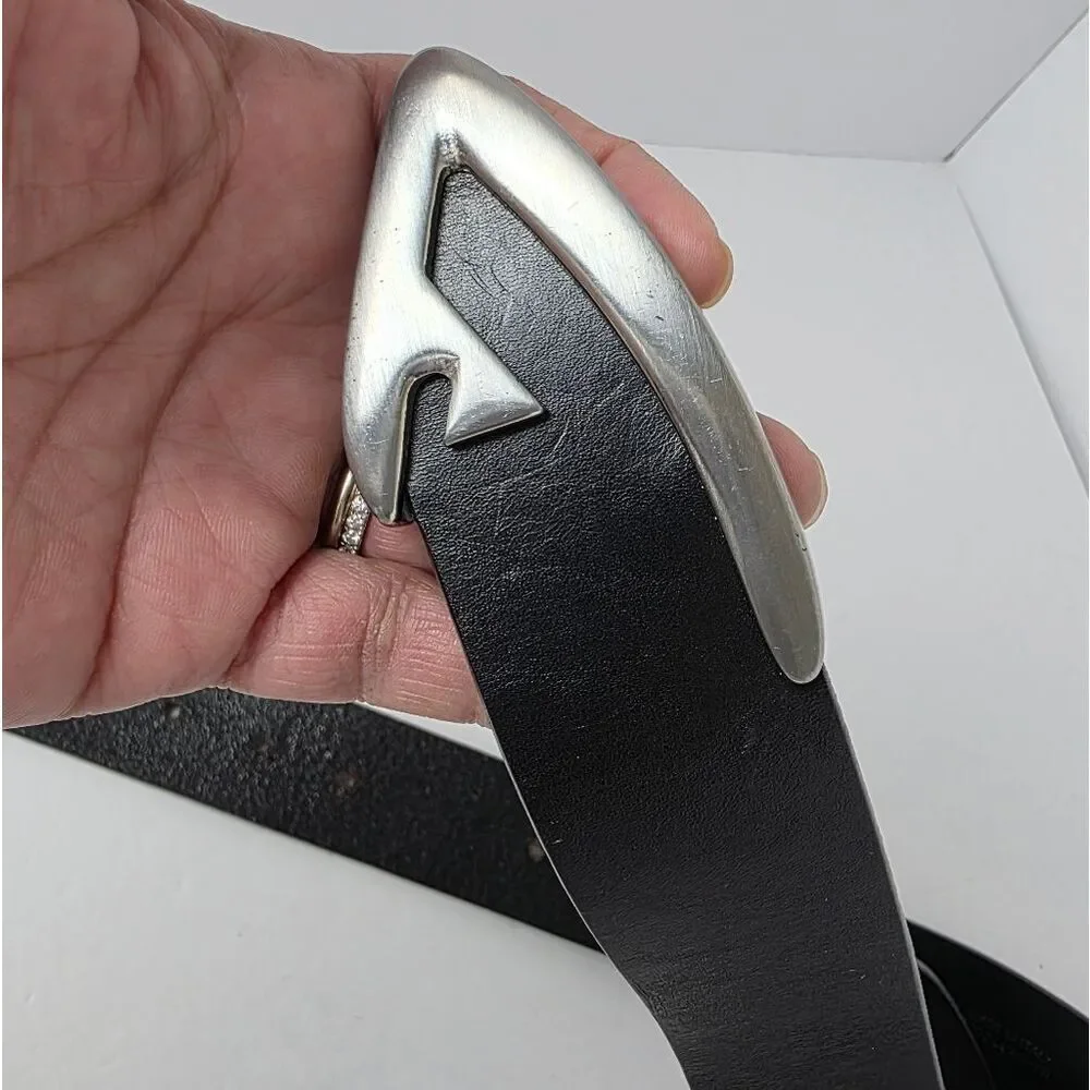 Armani Jeans Leather Belt Silver Buckle Black Made In Italy Size 95/110